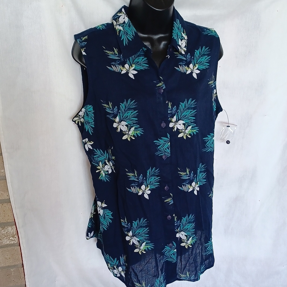 C&B Sleeveless Cotton blend Top, button down, floral, navy & teal, M